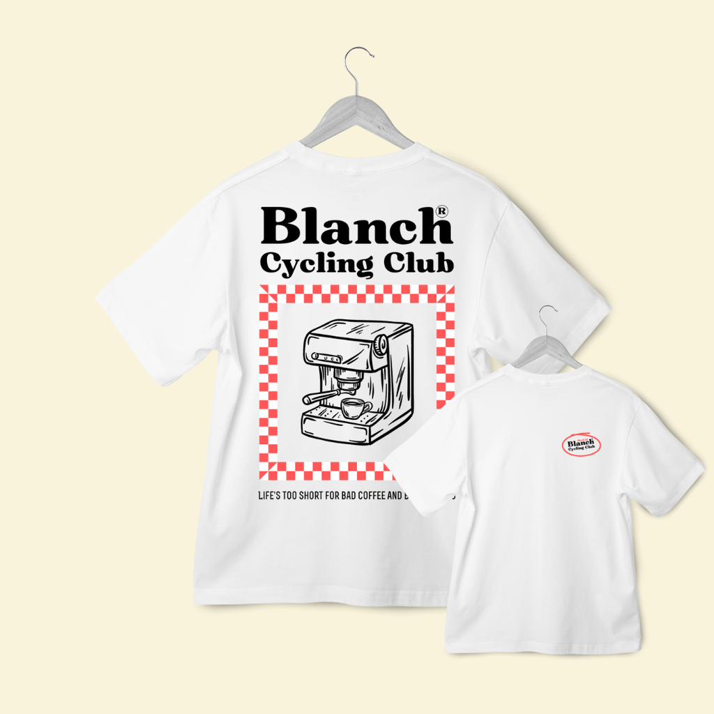 Camiseta Blanch Cycling Club “Bad Coffee, Boring Rides” — Blanca (Unisex)