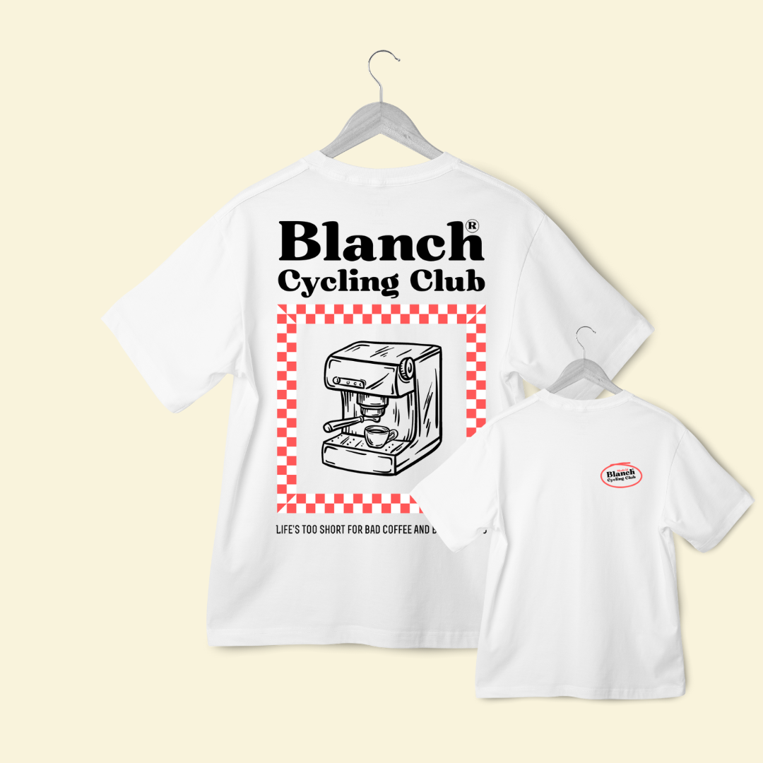 Camiseta Blanch Cycling Club “Bad Coffee, Boring Rides” — Blanca (Unisex)