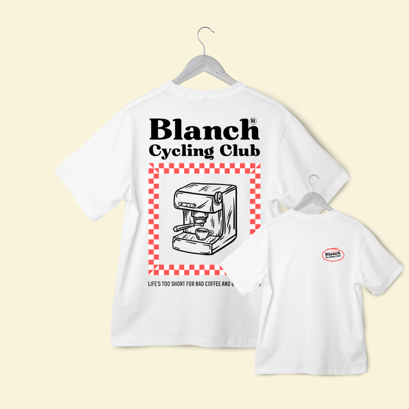 Blanch C.C. "Bad Coffee, Boring Rides" Tee — White (Unisex)