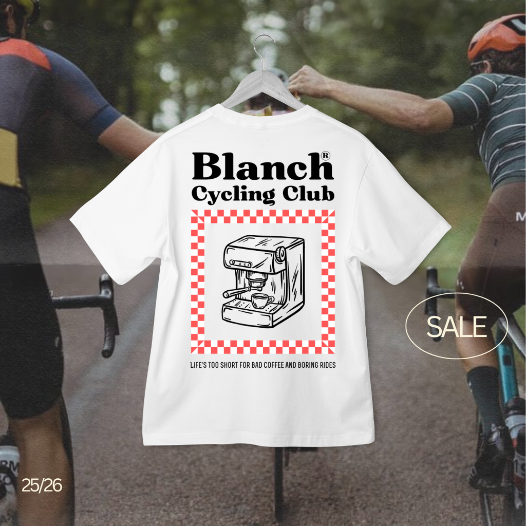 Camiseta Blanch Cycling Club “Bad Coffee, Boring Rides” — Blanca (Unisex)